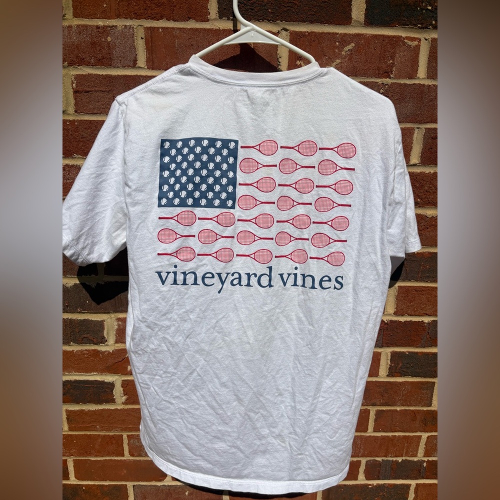 Vineyard Vines White Tee with Navy & Red Tennis Flag Graphic